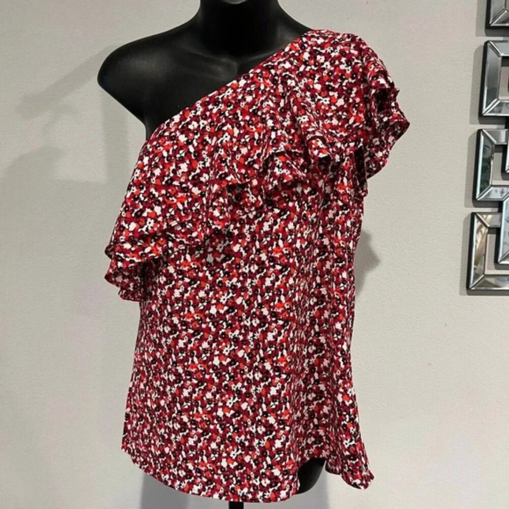 Michael Kors New Red & White Tiny Floral Print‎ One-Shoulder Top Size 8
